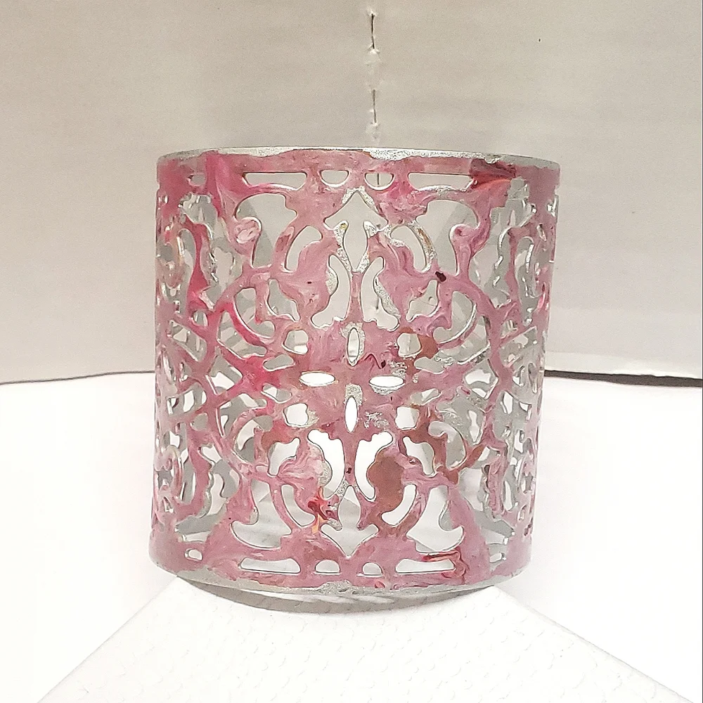 Hand Painted Abstract Pink & Silver Cuff Bracelet Filigree Statement Bracelet